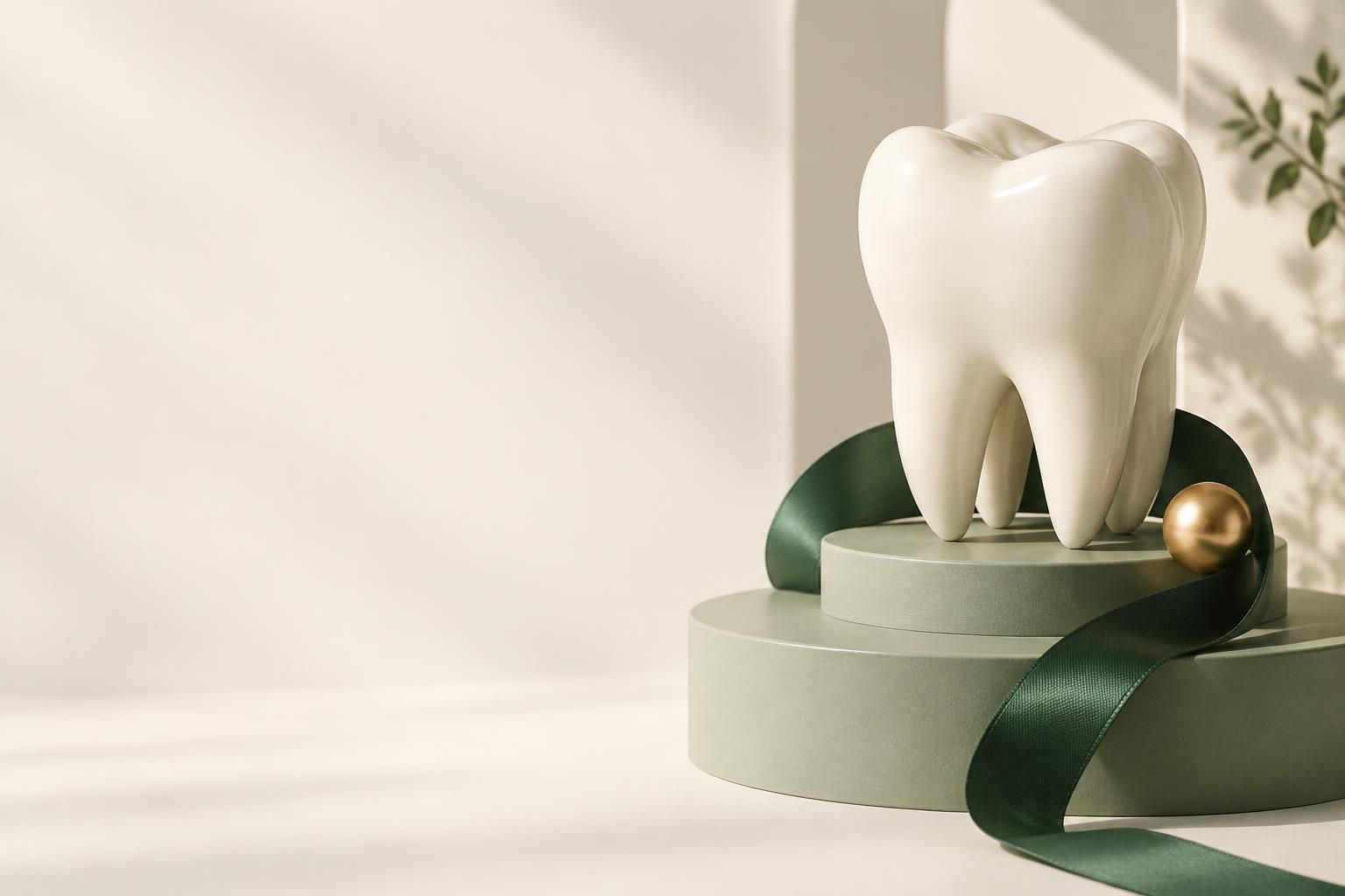 Ilustração decorativa de um dente em porcelana sobre formas verdes